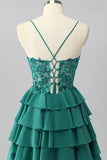 Dark Green A Line Sequins Tiered Homecoming Dress with Appliques