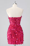 Sparkly Fuchsia Strapless Tight Short Sequins Corset Homecoming Dress with Beading