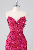 Sparkly Fuchsia Strapless Tight Short Sequins Corset Homecoming Dress with Beading