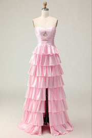 Sweetheart A Line Pink Beaded Tiered Cut Out Long Prom Dress with Ruffles