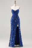 Sparkly Golden Strapless Sequins Sheath Plus Size Long Prom Dress with Slit