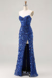 Sparkly Blue Strapless Sheath Sequin Corset Long Prom Dress With Slit