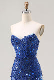 Sparkly Blue Strapless Sheath Sequin Corset Long Prom Dress With Slit