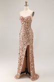 Royal Blue Sequin Strapless Mermaid Prom Dress with High Slit