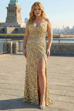Sparkly Golden Strapless Sequins Sheath Plus Size Long Prom Dress with Slit