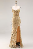 Sparkly Mermaid Champagne Strapless Long Formal Dress With Slit