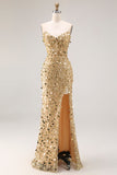 Sparkly Golden Strapless Sequins Sheath Plus Size Long Prom Dress with Slit