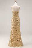 Sparkly Mermaid Champagne Strapless Long Formal Dress With Slit