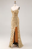 Sparkly Mermaid Champagne Strapless Long Formal Dress With Slit