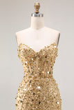 Sparkly Mermaid Champagne Strapless Long Formal Dress With Slit