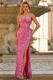 Royal Blue Sequin Strapless Mermaid Prom Dress with High Slit