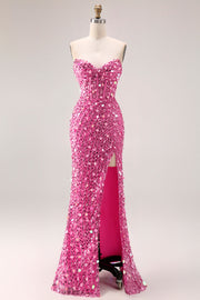 Sparkly Mermaid Sweetheart Corset Long Pink Formal Dress with Slit