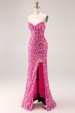 Strapless Sequin Corset Mermaid Long Prom Dress with High Slit – Glamorous Twin Look