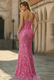 Sparkly Pink Strapless Sheath Sequin Long Prom Dress with Slit