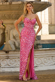 Sparkly Pink Strapless Sheath Sequin Long Prom Dress with Slit