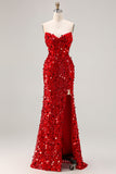 Sparkly Red Sweetheart Mermaid Sequins Corset Long Formal Dress with Slit