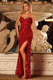 Sparkly Pink Strapless Sheath Sequin Long Prom Dress with Slit