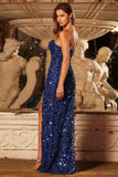 Sparkly Pink Strapless Sheath Sequin Long Prom Dress with Slit