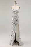 Sparkly Pink Strapless Sheath Sequin Long Prom Dress with Slit