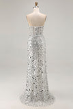 Sparkly Golden Strapless Sequins Sheath Plus Size Long Prom Dress with Slit