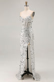 Sparkly Champagne Strapless Sheath Long Prom Dress With Slit