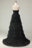 Black A Line Strapless Tiered Ruffle Polka Dots Long Prom Dress with Slit