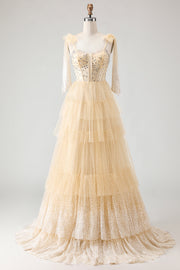 Glitter Apricot Tulle A Line Beaded Ruffled Long Corset Formal Dress with Bow