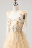 Apricot A Line Beaded Corset Ruffled Long Prom Dress with Lace Up Back
