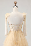 Apricot A Line Beaded Corset Ruffled Long Prom Dress with Lace Up Back