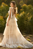 Champagne Corset A Line Ruffled Beaded Long Formal Dress with Lace Up Back