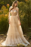 Champagne Corset A Line Ruffled Beaded Long Formal Dress with Lace Up Back