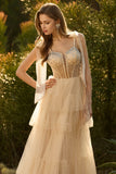 Champagne Corset A Line Ruffled Beaded Long Formal Dress with Lace Up Back