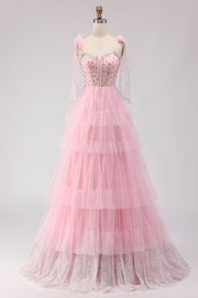 Sparkly Pink Corset Beaded A Line Ruffled Long Formal Dress with Bow