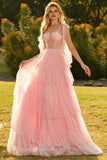 Champagne Corset A Line Ruffled Beaded Long Formal Dress with Lace Up Back