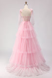 Apricot A Line Beaded Corset Ruffled Long Prom Dress with Lace Up Back