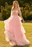 Champagne Corset A Line Ruffled Beaded Long Formal Dress with Lace Up Back
