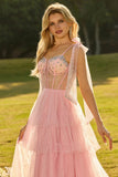 Champagne Corset A Line Ruffled Beaded Long Formal Dress with Lace Up Back