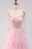 Apricot A Line Beaded Corset Ruffled Long Prom Dress with Lace Up Back