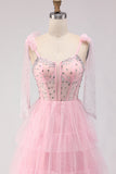 Pink A Line Corset Ruffled Beaded Long Prom Dress with Lace Up Back