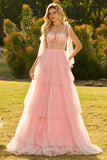 Pink A Line Ruffled Corset Beaded Long Prom Dress with Lace Up Back
