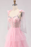 Pink A Line Corset Ruffled Beaded Long Prom Dress with Lace Up Back