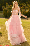Champagne Corset A Line Ruffled Beaded Long Formal Dress with Lace Up Back