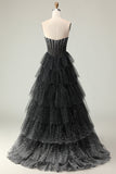 Sparkly Black White A Line Corset Sweetheart Tiered Polka Dots Ruffled Long Formal Dress
