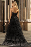 Sparkly Black White A Line Corset Sweetheart Tiered Polka Dots Ruffled Long Formal Dress