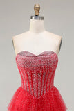 Red Corset A Line Sweetheart Tiered Polka Dots Long Prom Dress with Ruffles