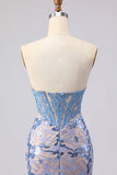 Grey Blue Strapless Mermaid Corset Long Prom Dress with Sequins