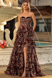 Brown Leopard Sweetheart A Line Printed Tiered Long Formal Dress with Ruffles