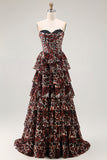 Brown Leopard Sweetheart A Line Printed Tiered Long Formal Dress with Ruffles