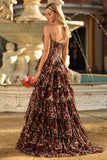 Brown Leopard Sweetheart A Line Printed Tiered Long Formal Dress with Ruffles