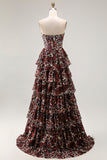 Brown Leopard Sweetheart A Line Printed Tiered Long Formal Dress with Ruffles